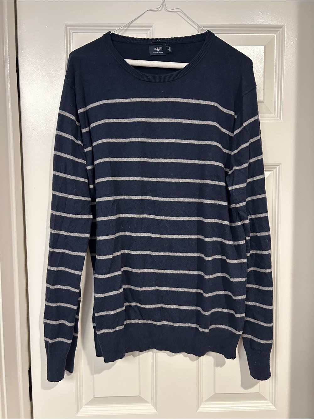 J. Crew Men's Navy and Light Gray Striped Crewneck Sweater